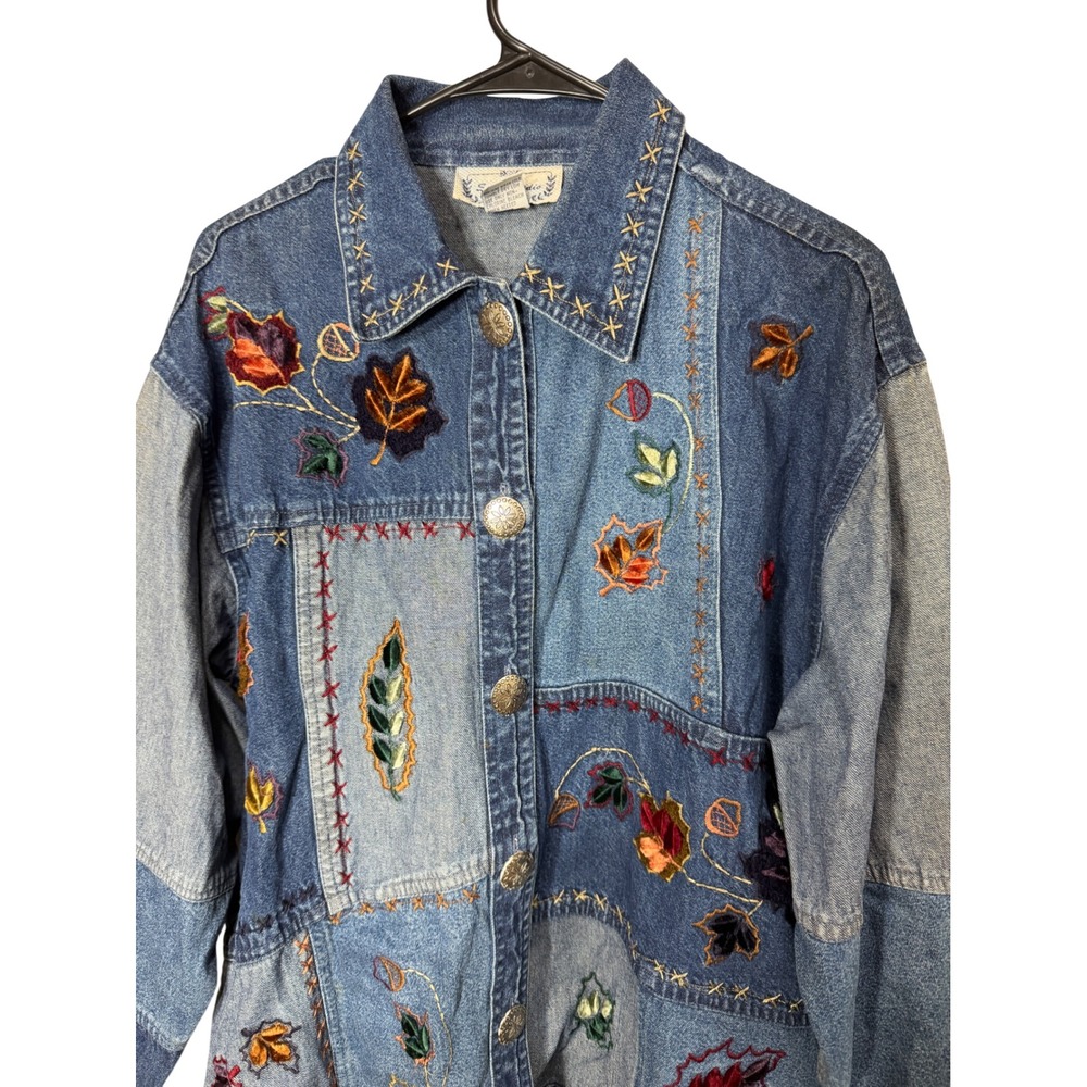 Vintage Sara Studio Denim Jacket Patchwork Leaf E… - image 2